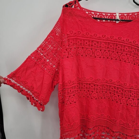 Plus Size Blouse Embroidered Crochet Crewneck Sheer 3/4 Sleeve 2XL Womens Red - Picture 2 of 12
